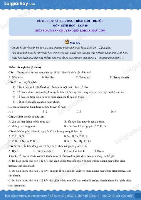 Đề thi học kì 1 Sinh 10 Cánh diều - Đề số 7